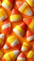 Colorful candy corn arranged on a vibrant orange background for autumn celebrations and Halloween festivities photo