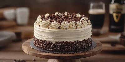 Delicious chocolate cake with cream frosting and chocolate shavings on a wooden cake stand in a cozy setting photo