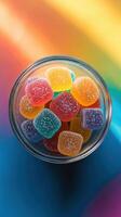 Colorful gummy candies arranged neatly in a clear glass jar on a vibrant rainbow background photo