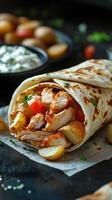 Juicy grilled chicken wrap with fresh vegetables and spices served with dipping sauce photo