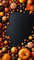 Colorful autumn-themed decorations with candies and pumpkins arranged on a dark background in a festive display photo