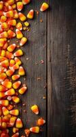 Colorful candy corn scattered on rustic wooden table creating a festive autumn atmosphere for seasonal celebrations photo