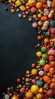 Colorful variety of candies scattered artistically on a dark surface during a festive occasion photo