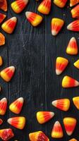 Colorful candy corn arranged around a dark wooden surface for festive autumn decoration photo