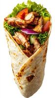 Chicken wrap filled with fresh vegetables and grilled chicken on a white background photo