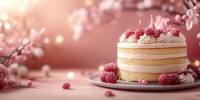 Delicious raspberry cream cake garnished with fresh berries and delicate decorations on a soft pink background photo