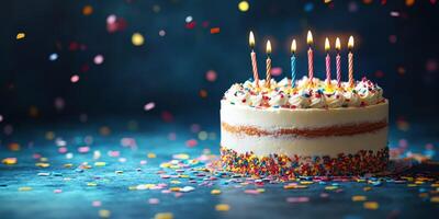 Celebrate with a colorful birthday cake adorned with candles and confetti during a joyful party atmosphere photo