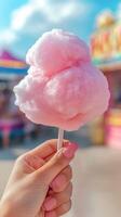 Child enjoys a fluffy pink cotton candy treat at a vibrant fair on a sunny day in a festive atmosphere photo