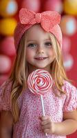 pequeño niña con un grande pirulí sonrisas brillantemente en un vistoso tematica de dulces ajuste foto
