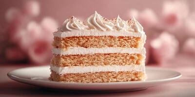 Delicious slice of vanilla cake with cream frosting displayed on a plate in a soft pink setting photo