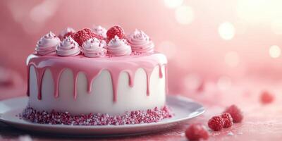 Delightful pink cake with raspberry accents perfect for celebrations and special occasions photo