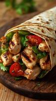 Grilled chicken wrap with fresh vegetables served on a wooden board photo