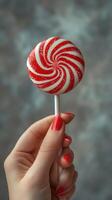 Bright red and white swirl lollipop held in a hand with stylish nail polish against a textured background photo