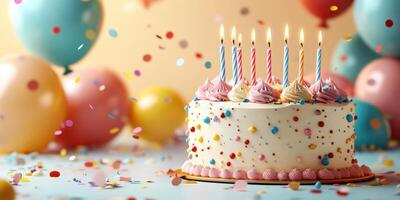 Celebrate a joyful birthday party with a colorful cake and vibrant balloons decorated with confetti photo