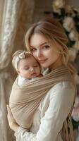 Mother holds her sleeping baby wrapped in a cozy sling at home during soft afternoon light photo