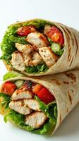 Grilled chicken wraps filled with fresh vegetables served on a clean white background photo