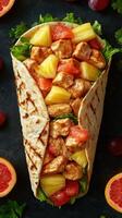 Delicious tortilla wrap filled with grilled chicken, fresh fruits, and vegetables on a rustic table photo