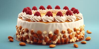 Delightful raspberry almond cake with cream frosting and decorative toppings for a festive occasion photo
