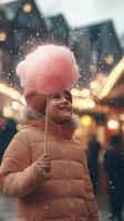 niño disfrutando algodón caramelo durante un festivo noche celebracion en un vibrante mercado foto