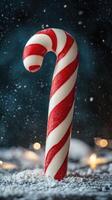 Colorful candy cane stands in snowy setting with soft lights during the holiday season photo
