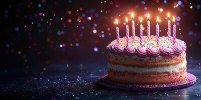 Festive birthday cake adorned with candles, colorful sprinkles, and a dark background filled with confetti photo