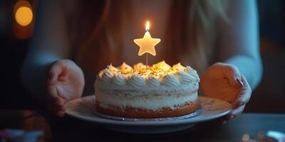 Celebrating a special occasion with a star-topped cake in an intimate setting during the evening photo
