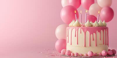 Celebratory birthday cake adorned with pink frosting and candles in a festive decoration setting photo