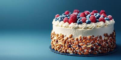 Delicious layered cake topped with fresh berries and almonds on a blue background photo