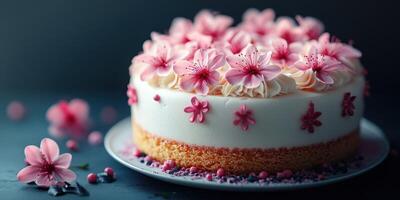 Beautiful floral cake decorated with pink blossoms and cream on a dark background photo