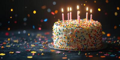 Colorful birthday cake with candles glowing and confetti scattered in celebration setting photo