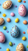 Colorful decorated eggs and candy on a blue background create a festive atmosphere for spring celebrations photo
