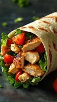 Freshly made chicken wrap with lettuce and tomatoes served on a rustic surface during lunchtime photo
