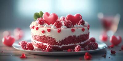 Delicious heart-shaped cake adorned with raspberries and sweet decorations for a celebratory occasion photo