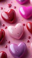 Colorful heart-shaped candies arranged on a pink background creating a festive and cheerful display for a celebration photo
