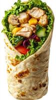 Wrap filled with grilled chicken, fresh vegetables, and vibrant greens at a local eatery photo