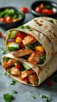 Delicious grilled chicken wraps with fresh vegetables and herbs ready to enjoy in a cozy setting photo