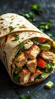 Grilled chicken wrap filled with fresh vegetables and herbs prepared in a cozy kitchen setting photo