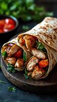 Delicious chicken wrap with fresh vegetables served on a wooden plate in a cozy setting photo