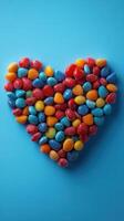 Colorful candy arranged in a heart shape on a blue background at a festive gathering photo