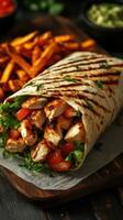 Grilled chicken wrap with fresh vegetables and sweet potato fries served on wooden table photo
