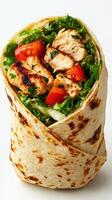 Grilled chicken wrap with fresh vegetables and herbs served in a tortilla on a white background photo