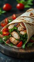 Grilled chicken wrap with fresh greens and tomatoes served on a wooden board photo