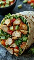 Delicious chicken wrap filled with fresh vegetables and savory spices ready for a quick meal any time photo