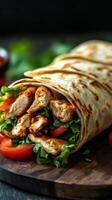 Delicious chicken wrap with fresh vegetables on a wooden board for a tasty meal photo