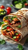 Grilled chicken wraps filled with fresh vegetables on a rustic table photo