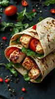 Grilled chicken wraps with fresh vegetables served on a decorative slate surface photo