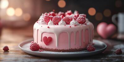 Delicious pink raspberry cake decorated with berries and heart shaped sweets for a special celebration photo