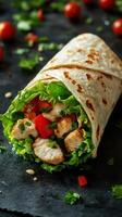Fresh grilled chicken wrap with crisp lettuce and diced vegetables on a black background photo