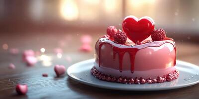 Delightful heart-shaped cake adorned with fresh raspberries and red icing in a cozy, softly lit setting photo
