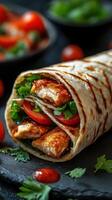 Delicious grilled chicken wrap with fresh vegetables served on a slate board photo